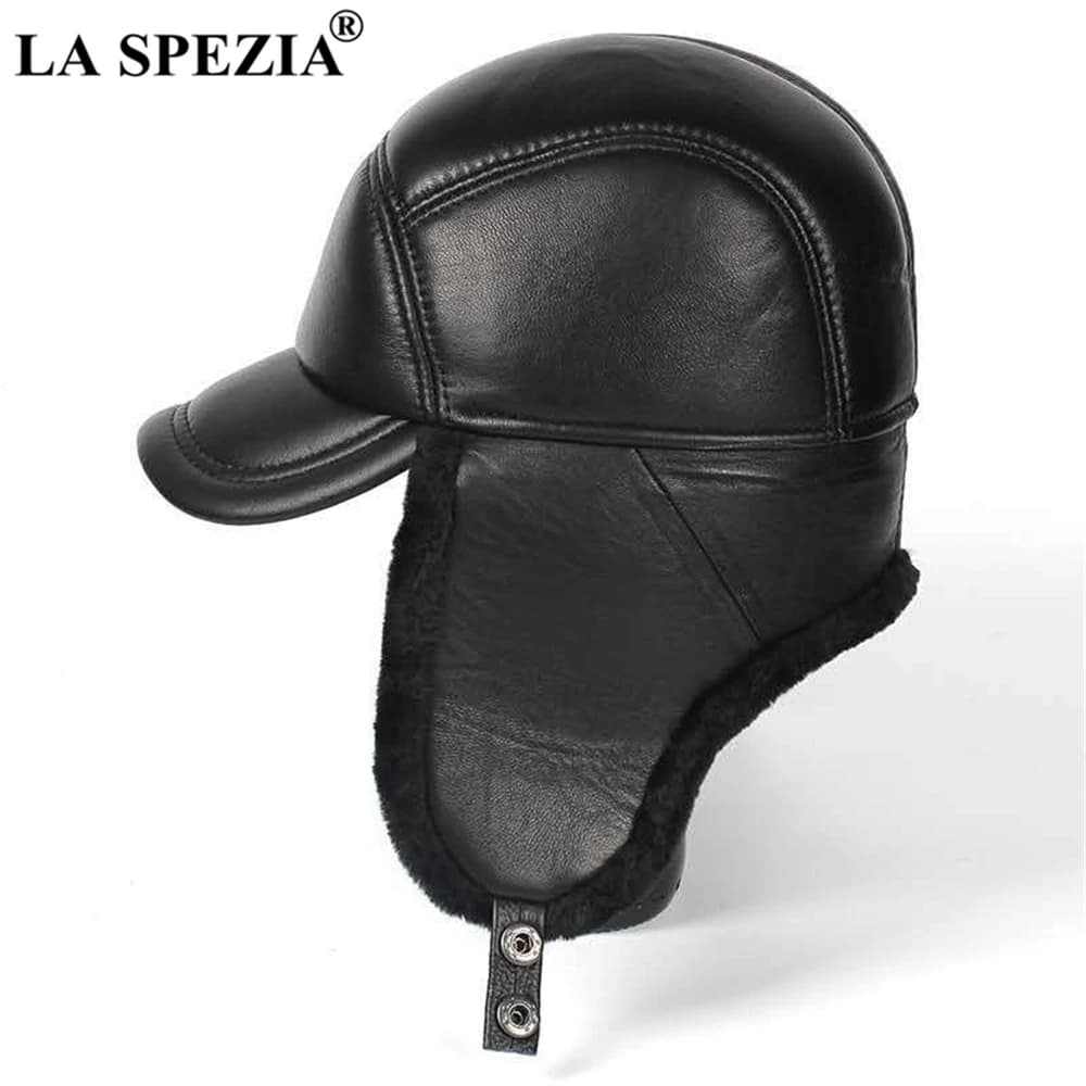 LA SPEZIA Cappello Invernale Da Uomo In Vera Pelle di Pecora Bomber Cappello Paraorecchie Nero Caldo di Spessore Sci Neve Antivento Maschio Cappello Russo
