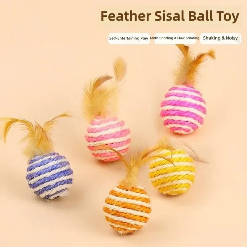 2026 Pet Cat Toy Teasing Sound Feather Sisal Ball with Bell Boredom Relief Self-Play Toy for Cats Wholesale