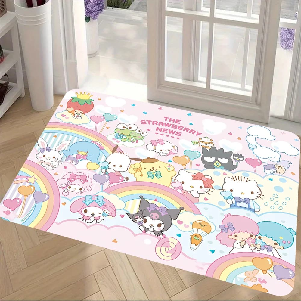 Sanrio Characters The Strawberry News Print Floor Mat Non-slip Absorbent Bath Rug Cute Cartoon Entrance Doormat Soft Flannel Hom