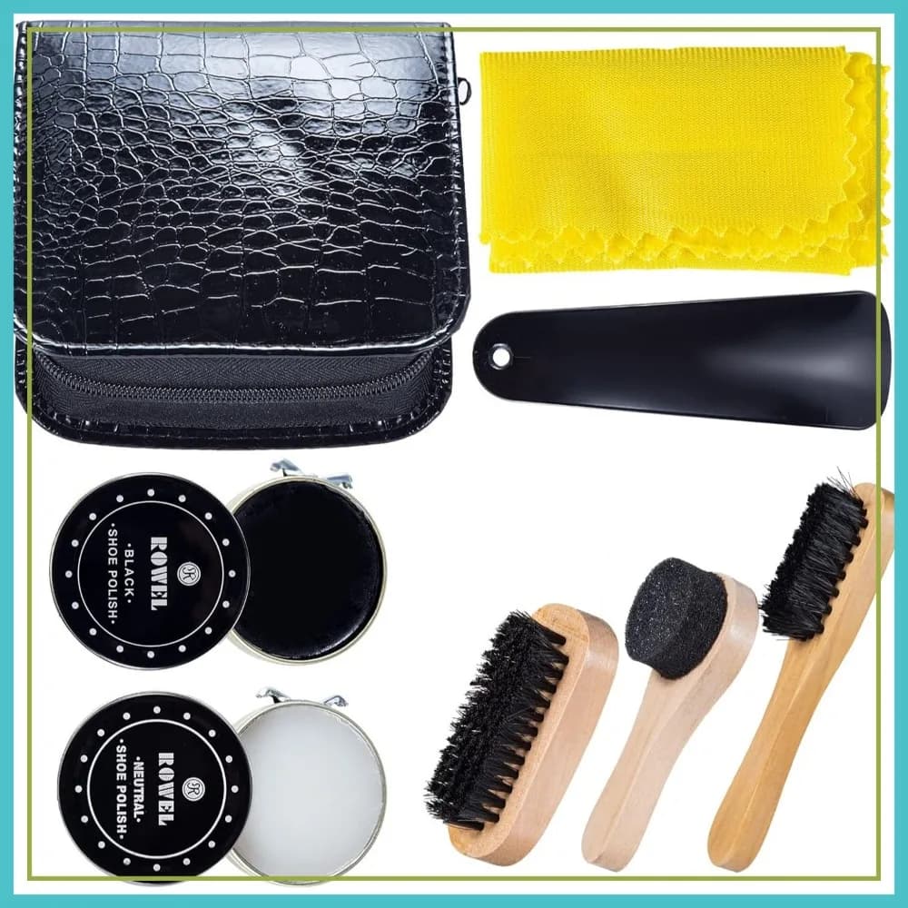 Kit per la cura delle scarpe in pelle marrone e nera con spazzola, custodia da viaggio, calzascarpe e panno