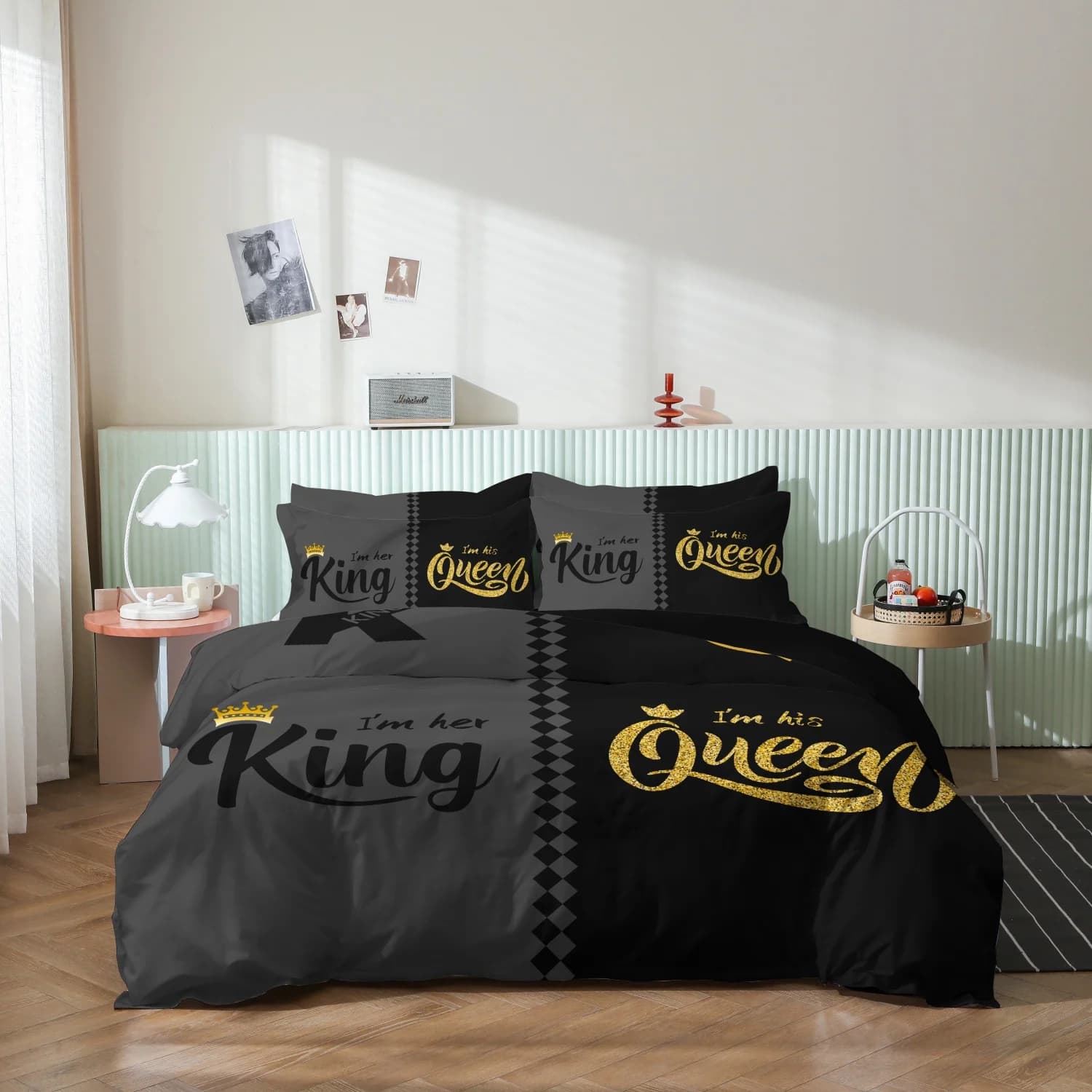 Set copripiumino 3 pezzi, 1 copripiumino + 2 federe, biancheria da letto stampata con design a corona nero e grigio alla moda, per camere da letto