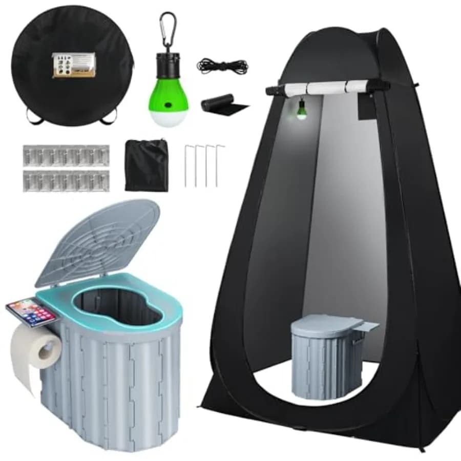 WC Portatile da Campeggio con Tenda Privacy Pop-Up, Sedile WC da 12 Pollici, Toilette Pieghevole Portatile per Adulti