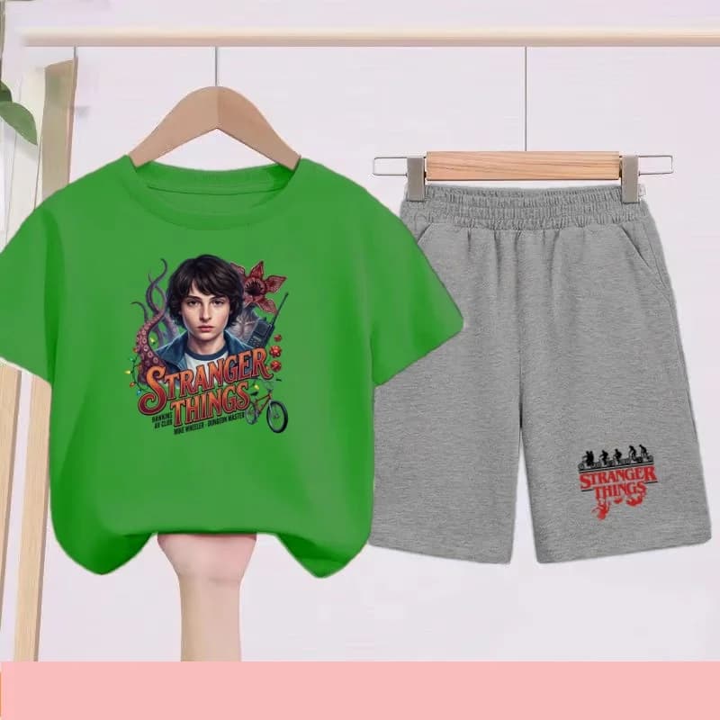 T-shirt per bambini con film thriller di fantascienza estivi, 3-12 anni, abbigliamento sportivo, cappotto per ragazzi e ragazze, maniche corte + pantaloncini, set casual in due pezzi