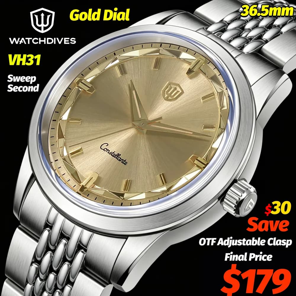 Watchdives WD1954 36Mm Orologio da uomo al quarzo in oro VH31 Sweep Second Sapphire BGW9 Luminoso 10ATM Orologio da polso da lavoro in acciaio inossidabile