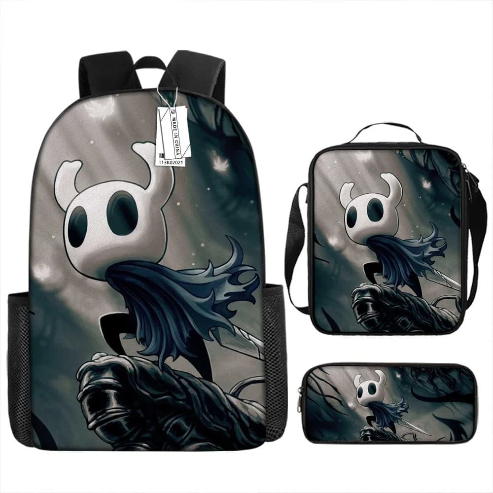 Zaino scolastico 3D di lusso, divertente e originale, a tema Hollow Knight, set da 3 pezzi: zaino per laptop, borsa per il pranzo e astuccio.