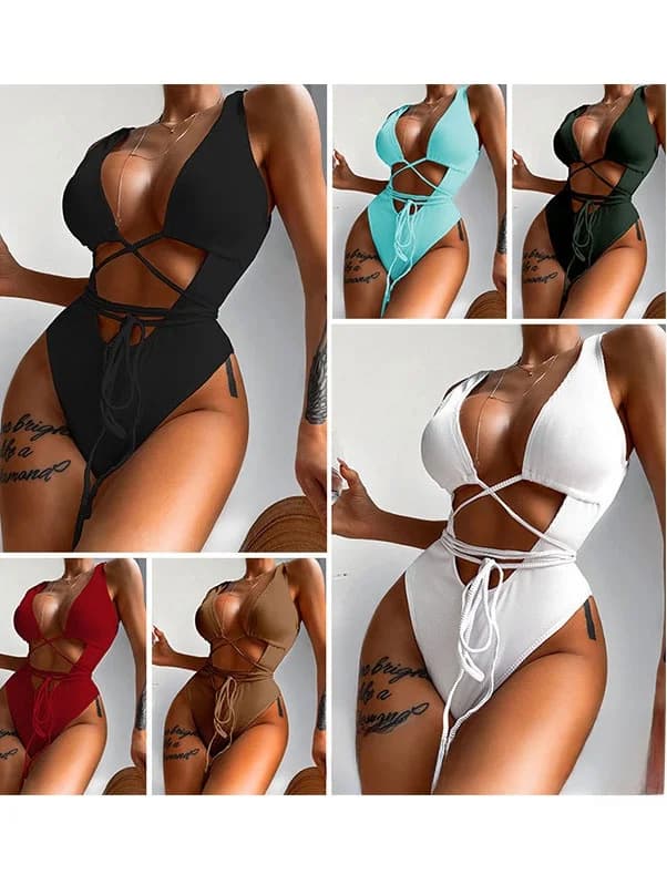 Nuovo Costume da Bagno Intero 2026 con Fascia e Cut-out, Stile Conservativo, Scollo a V, in Poliestere, con Imbottitura Fissa, Casual