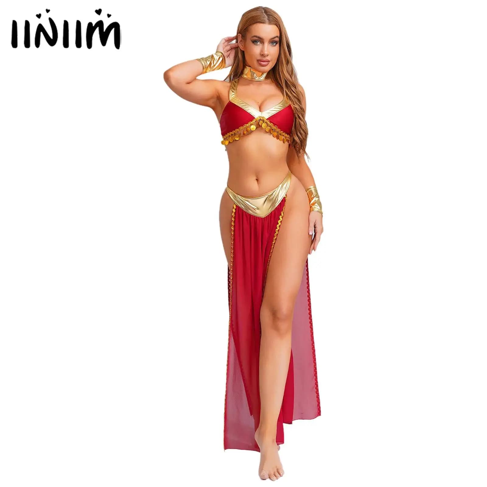 Abiti cosplay da regina egiziana antica da donna, gonna corta in chiffon con spacco laterale, costume di danza del ventre di Halloween lucido metallizzato