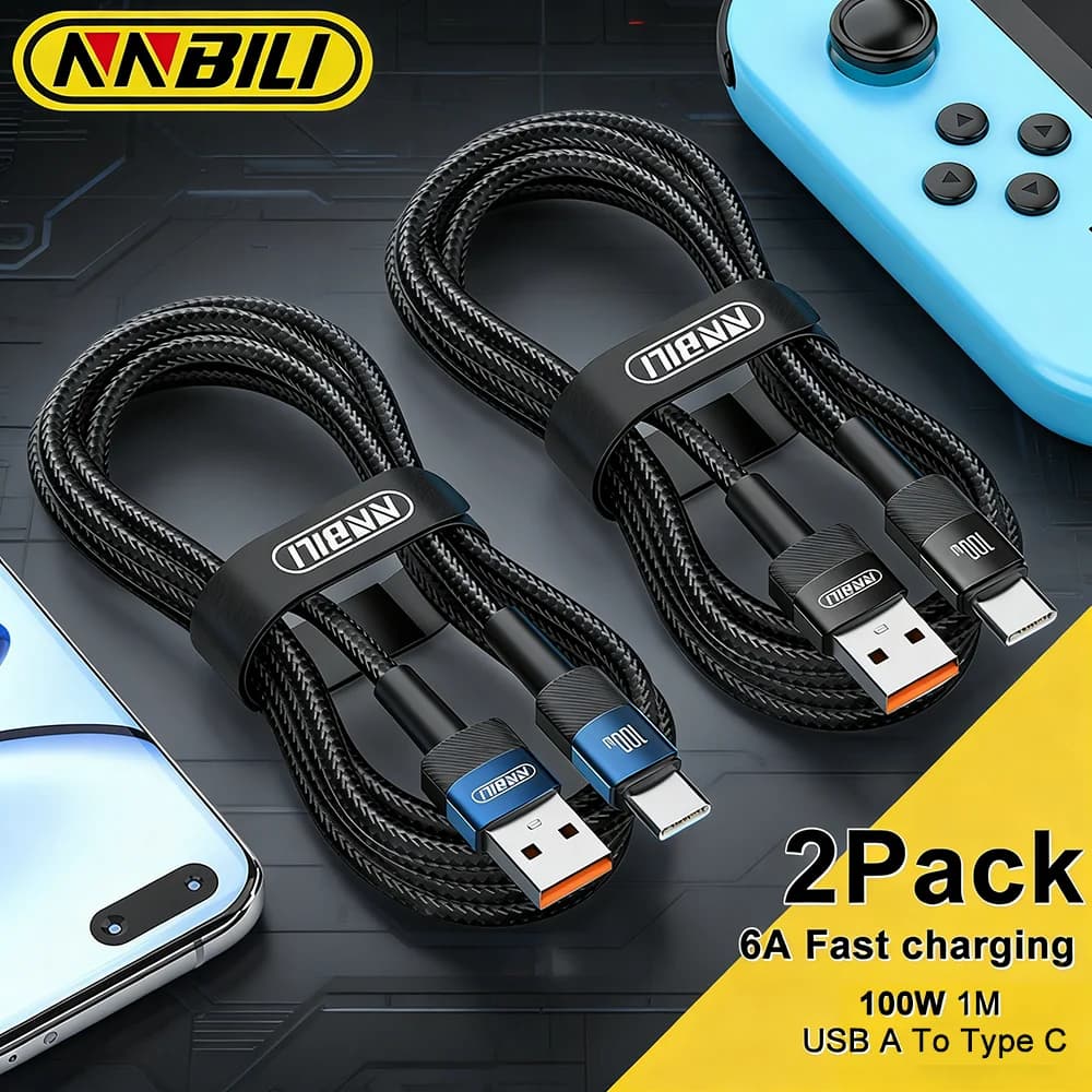 NNBILI 2PCS USB A to Type C Cable 6A 100W PD Fast Charging Charger USB A to USB C Wire For Xiaomi POCO Realme Macbook iPad 1M/2M