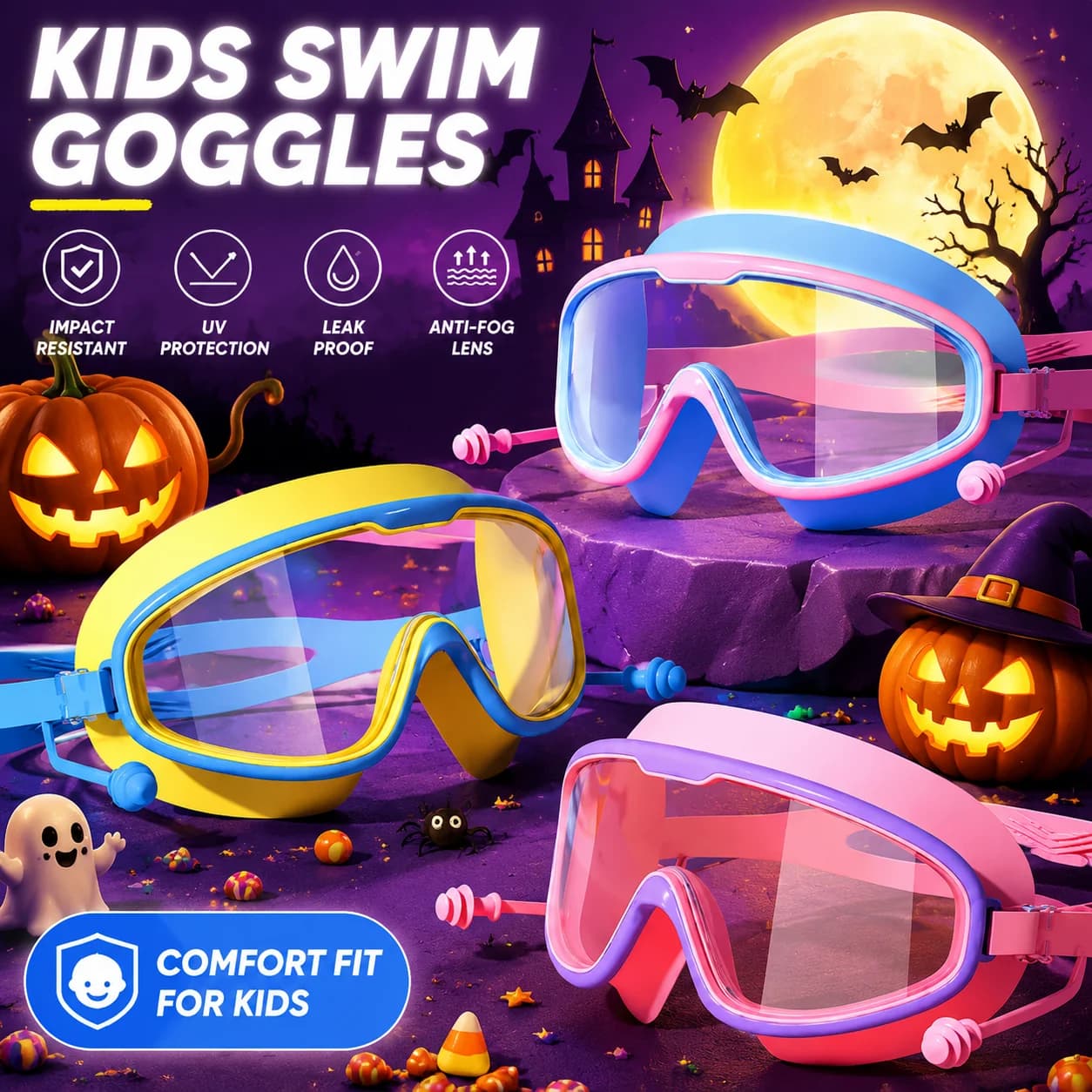 Children's swimming goggles, 180 ° wide field of view anti-fog and leak-proof swimming goggles for boys and girls