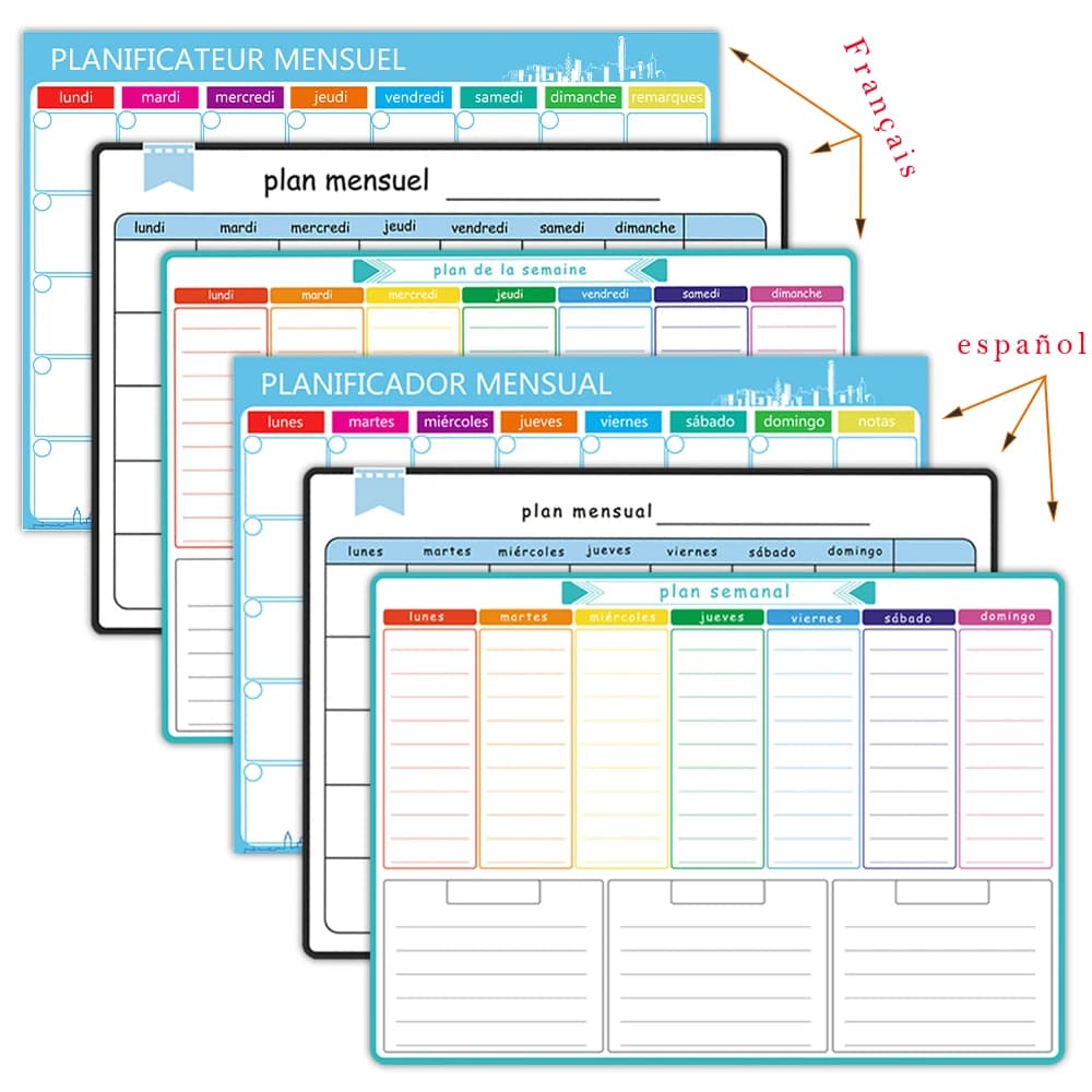 Agenda settimanale e mensile magnetica formato A3, calendario cancellabile a secco, adesivo per frigorifero, spagnolo, francese, inglese. Nessun penna