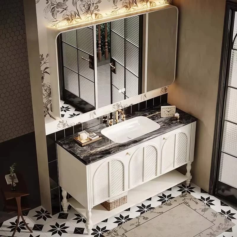 Mobile da bagno in stile americano con specchio, mobiletto da bagno, mobiletto da bagno sospeso, mobiletto da bagno a terra in rovere