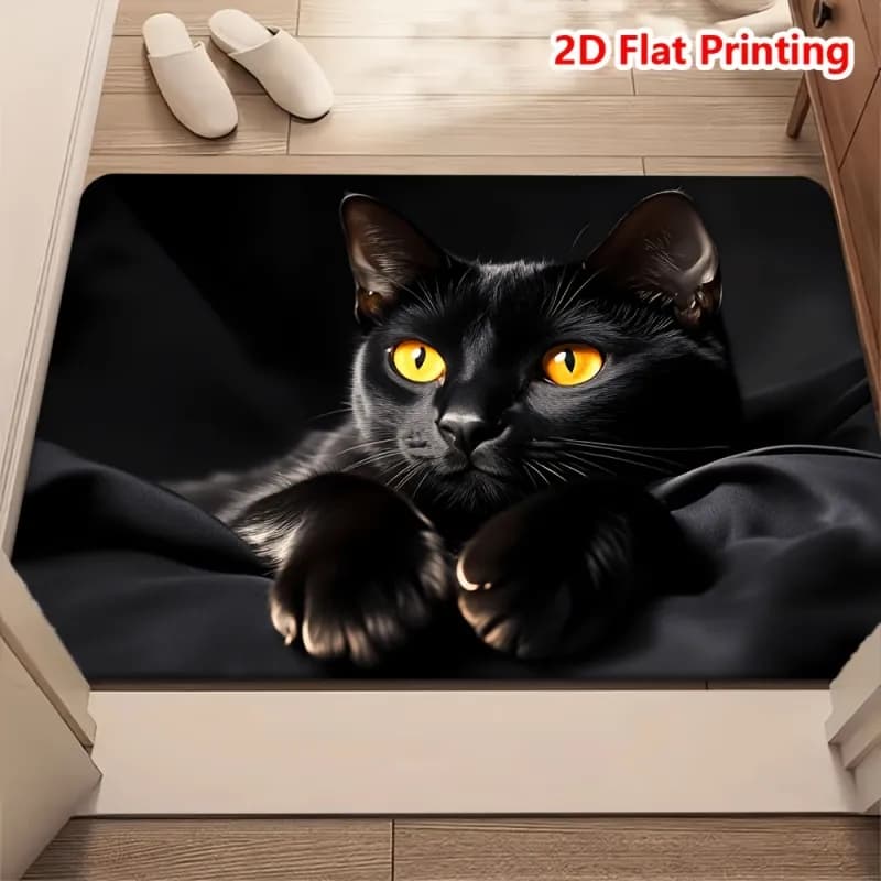 Black Cat Portrait Doormat Yellow Eyes Cat on Black Fabric Print Non Slip Floor Mat for Cat Lovers