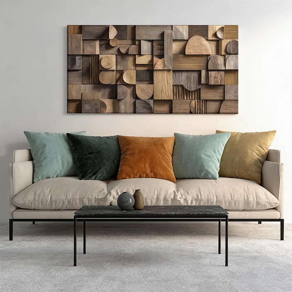 Painted on canvas with large wooden frame, 1 piece, abstract and warm geometric textures.