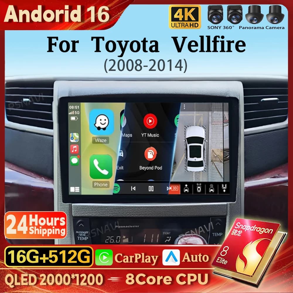 Android 14 Carplay 2K Schermo Autoradio Lettore Multimediale Per Toyota Vellfire 2008 - 2011 Autoradio WIFI + 4G Stereo BT Snapdragon