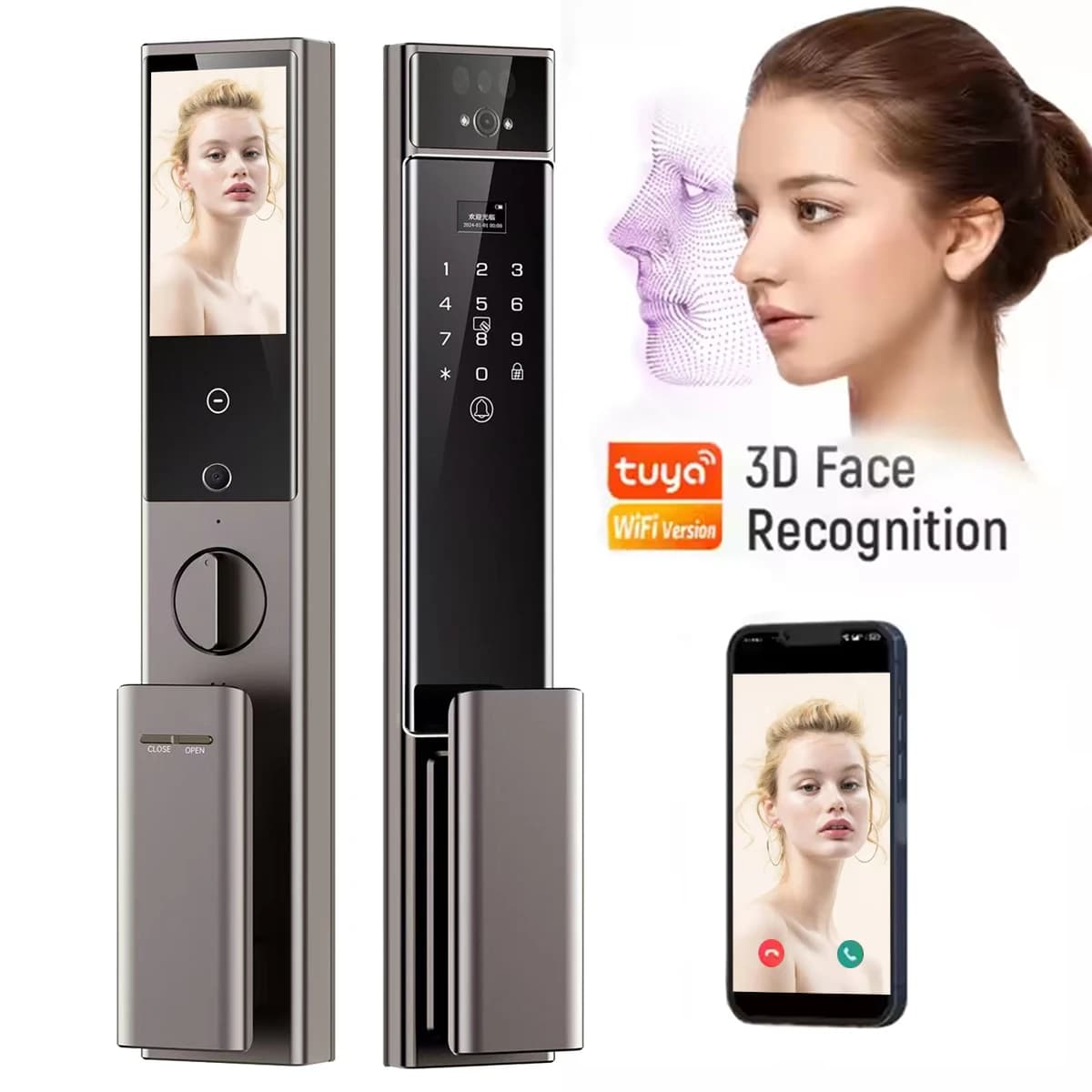 3D Face Recognition Remote Lock Smart Biometric Fingerprint Password Lock Visible Peephole Automatic Door Lock With Camera