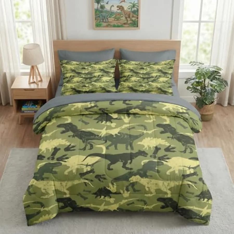 Set Copripiumino Dino 5 Pezzi per Adulti, Simpatico e Divertente Set Lenzuola Verdi con Lenzuolo con Angoli, Federe e Cuscini