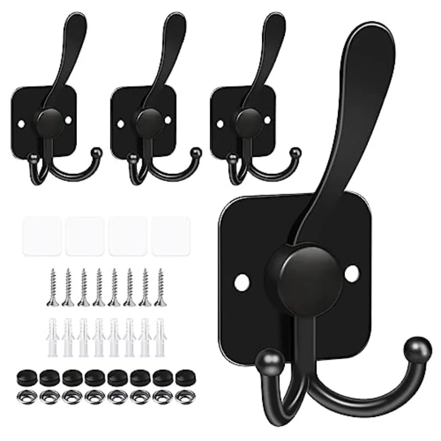 Coat Hooks Wall Mount, Metal Self Adhesive 3 Prong Coat Hanger Hooks for Entryway Doorway, 2 Mount Options,,4 Pcs
