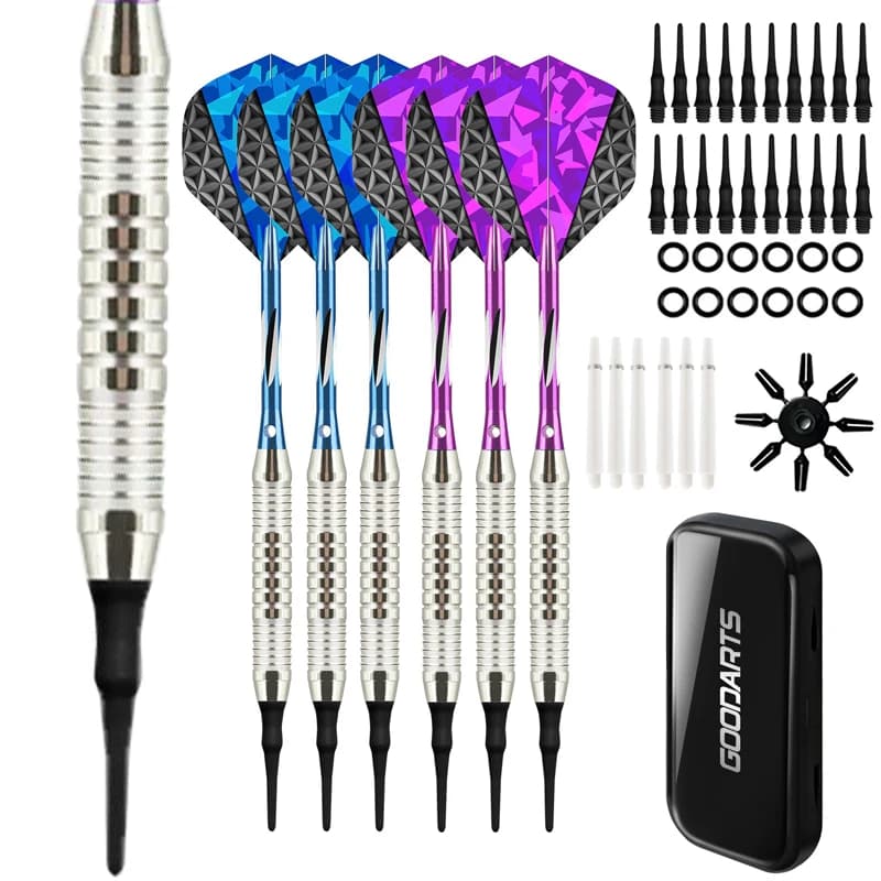 Set di freccette con punta morbida da 18g, 6 freccette con scatola portaoggetti, 12 anelli O, alette di protezione extra per le alette delle freccette e protezione per le ali per la pratica dei giochi con le freccette