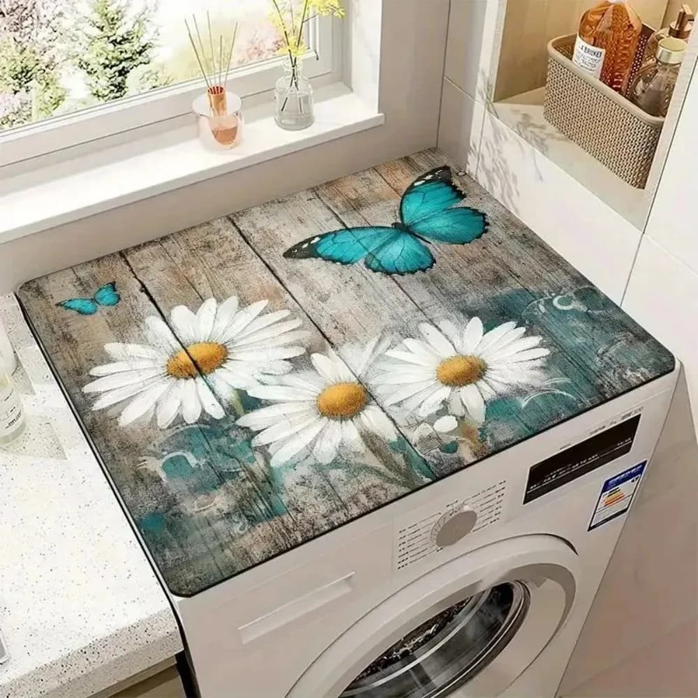 VIKAMA drainage mat with blue butterfly and 3D printed daisy - Absorbent mat, non-slip, quick drying for kitchens and laundry