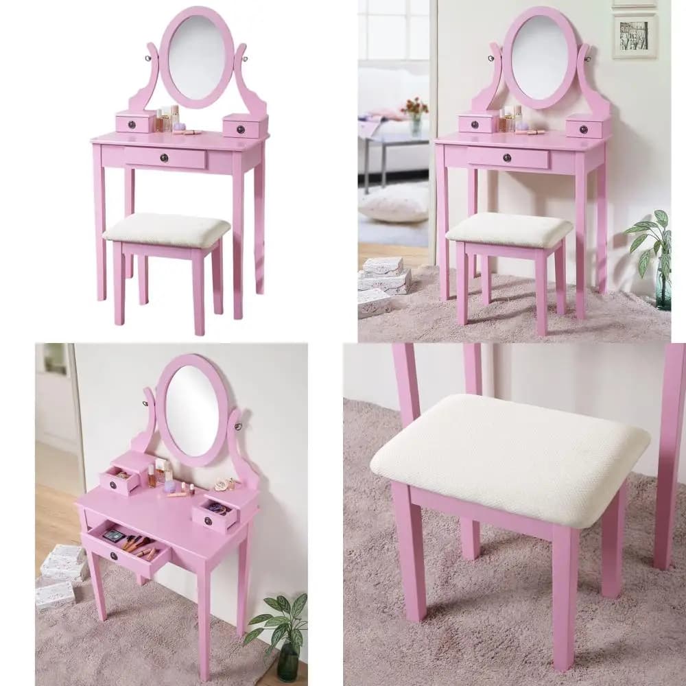 Set Tavolo da Trucco Rosa con Specchio, Sgabello Imbottito e 3 Cassetti per Camera da Letto o Bagno