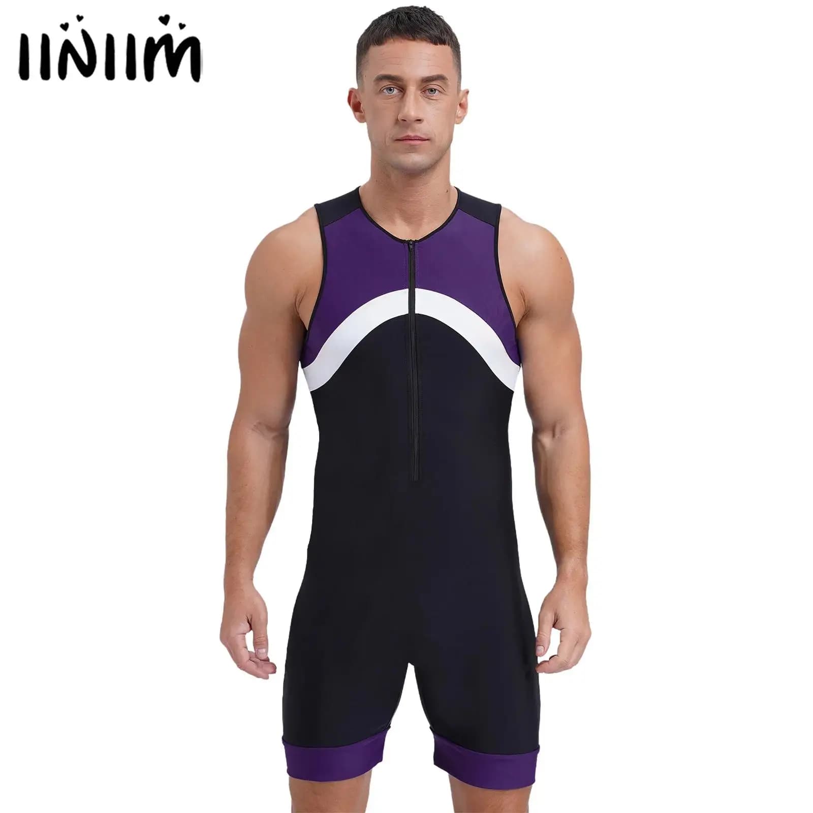 Costumi da bagno da uomo Rash Guard con cerniera Unitard Biketard Wrestling Body Nuoto Surf Tuta sportiva Costumi da bagno interi