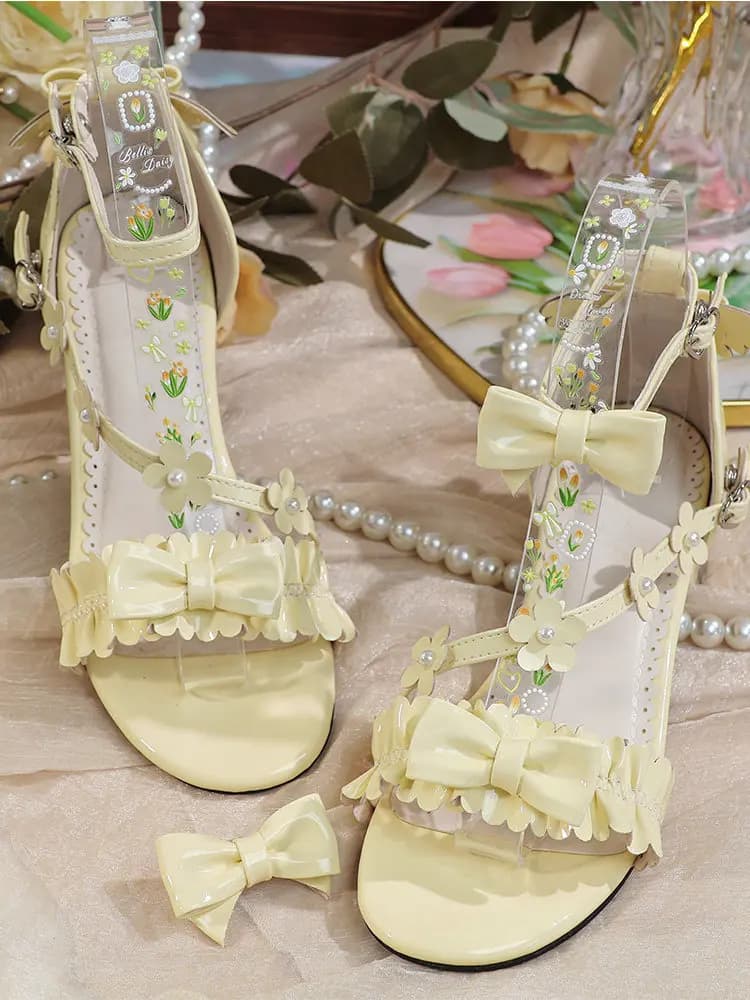 Japanese Original Lolita Flower Frilly Bow Sandals Summer Large Size Thick Heel Patent Leather Open Toe Lo Shoes Sandals Women