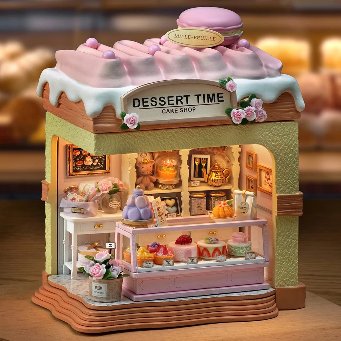 DIY Wooden Miniature Model Kits Rose Dessert Shop 3D Puzzle Dollhouse With Furniture Light for Friends Birthday Gifts