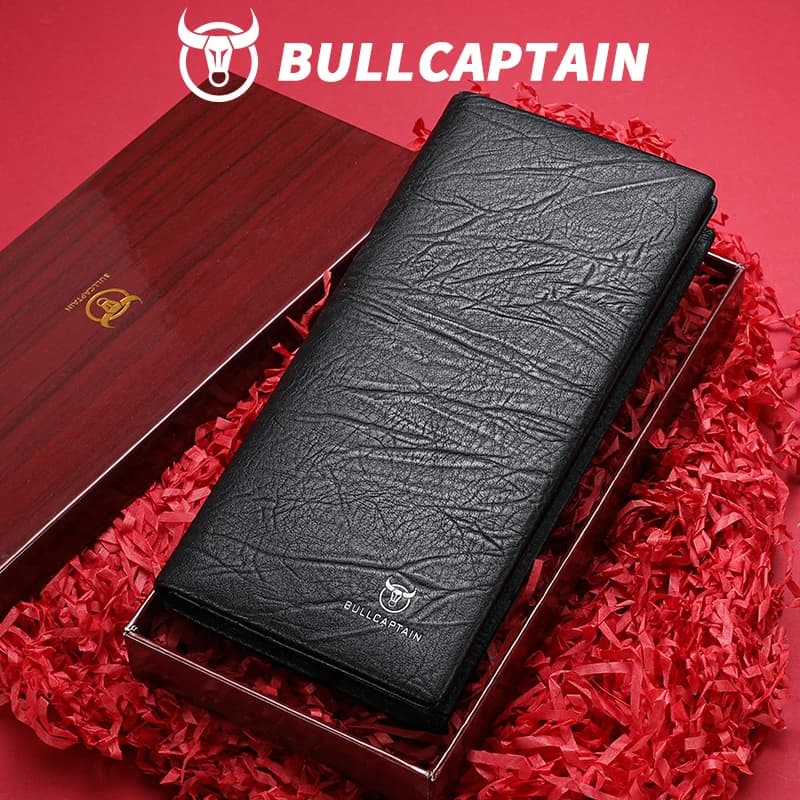 BULLCAPTAIN Portafoglio lungo da uomo in vera pelle Portafoglio in pelle di vacchetta con slot per schede multiple Funzione di blocco RFID Portamonete con pochette