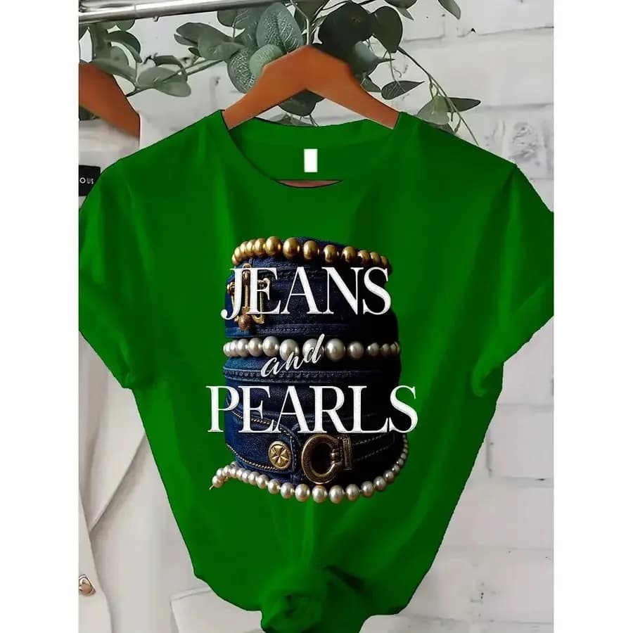 【Nuovo stile】T-shirt da donna con stampa jeans e perle, girocollo, tessuto microelastico, stile casual, regalo di Natale perfetto