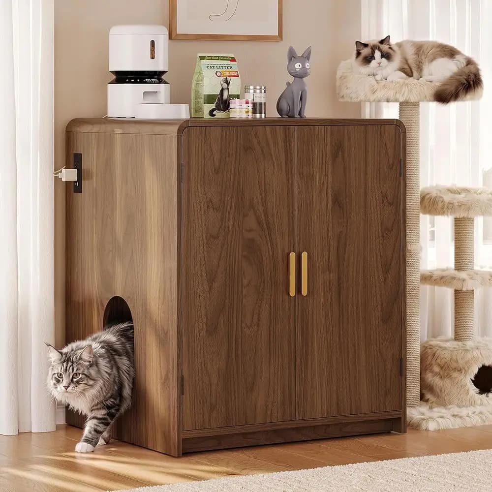 35 High Large Cat Litter Box Enclosure with Casters, Hidden Furniture for Living Room, Walnut Finish