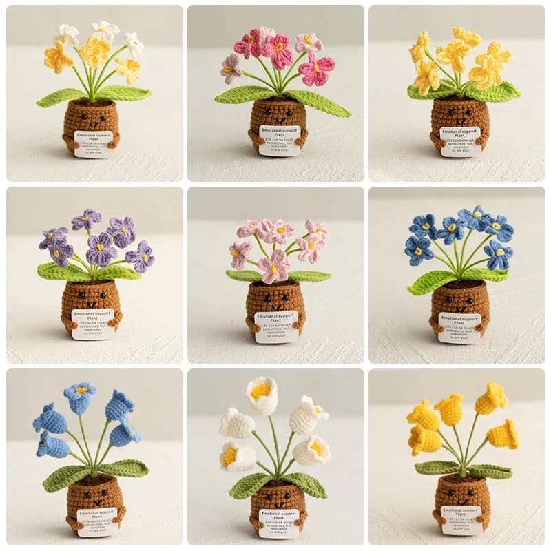 Mini Plant in Handmade Vase with Cartellino, Piccolo Fiore all'Uncinetto Fatto a Mano, Serie Positive Potato, Gift for Home and Office