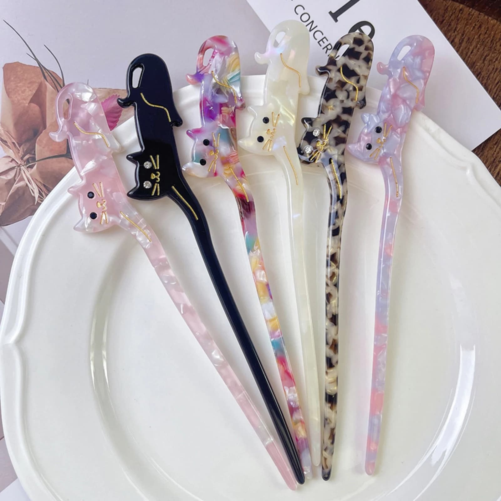 Nice cartoon cat zircone acetate fork hair sticks for women girls creative fashion colored closure for hair headdress accessory for hair