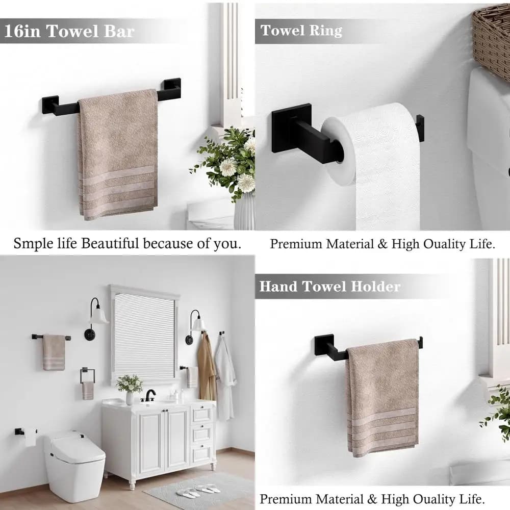 Set di accessori da bagno nero opaco da 12 pezzi: portasciugamani, portasciugamani, supporto, anello e ganci durevoli