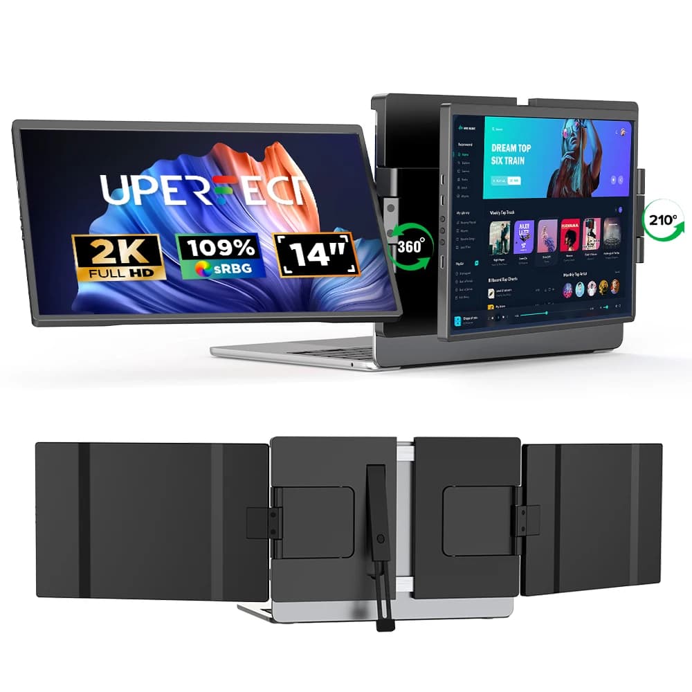 UPERFECT 14" 2K Triplo Monitor Portatile con Supporto Rotante a 360° 2240x1400 QHD IPS Schermo per Laptop Extender per Windows/Chrome/Mac/Switch/PS5/Dex/Android