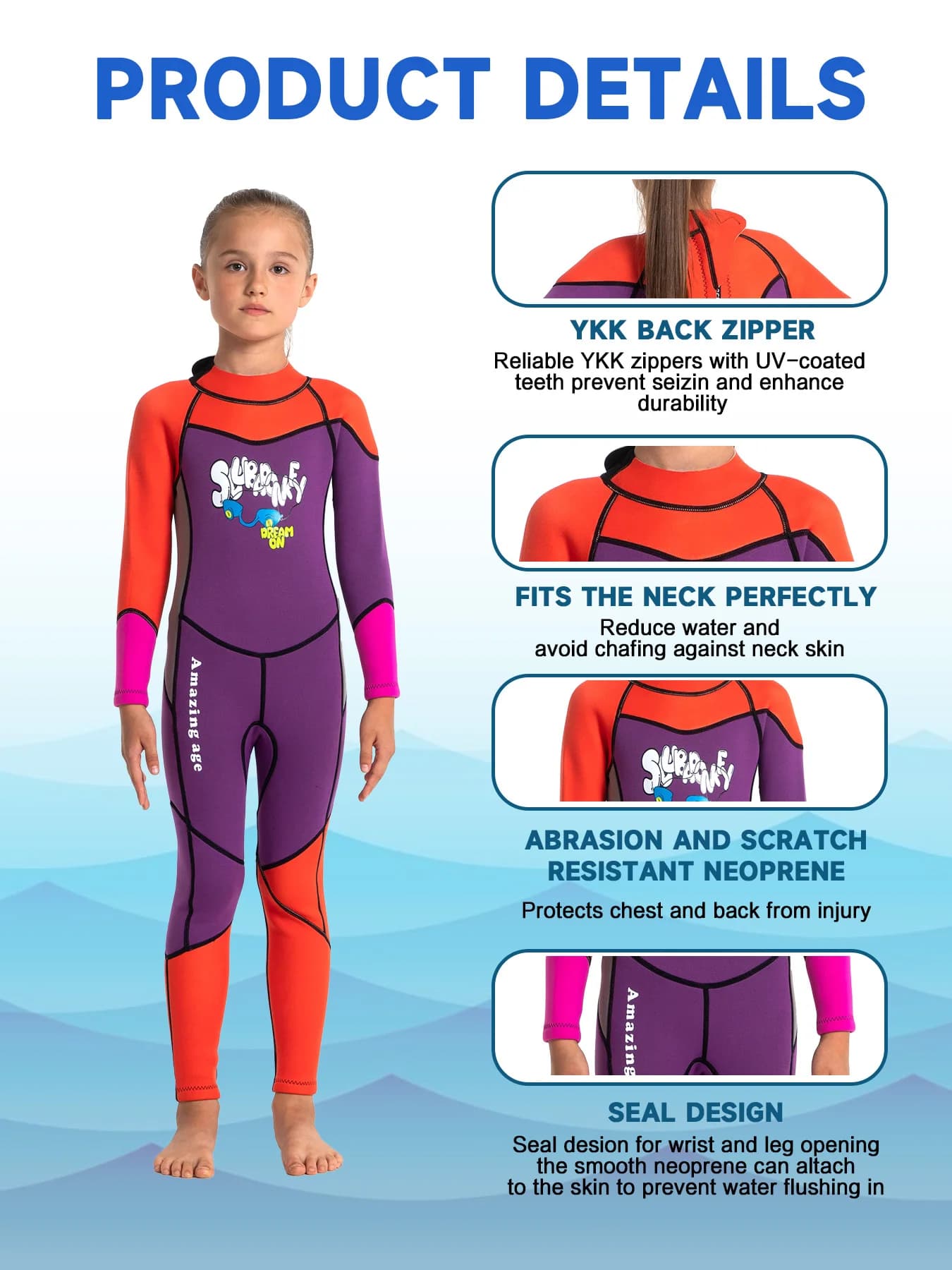 Full Thermal Mute in Children's 2.5MM Neoprene, Long Sleeve, Solar Protection for Surfing, Diving and Snorkeling