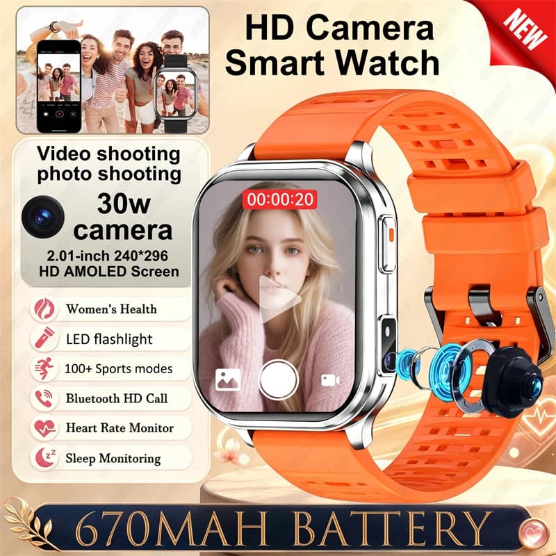 New Camera Smart Watch Men Women Photos Record Video Health Monitor Waterproof Sports Fitness HD Bluetooth Call Smart Watch Man