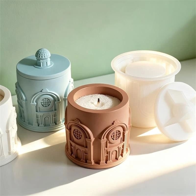 Stampi in Silicone per Candele Artigianali a Forma di Edificio, Contenitori Decorativi per la Casa, Stampi per Scatole Portaoggetti in Gesso