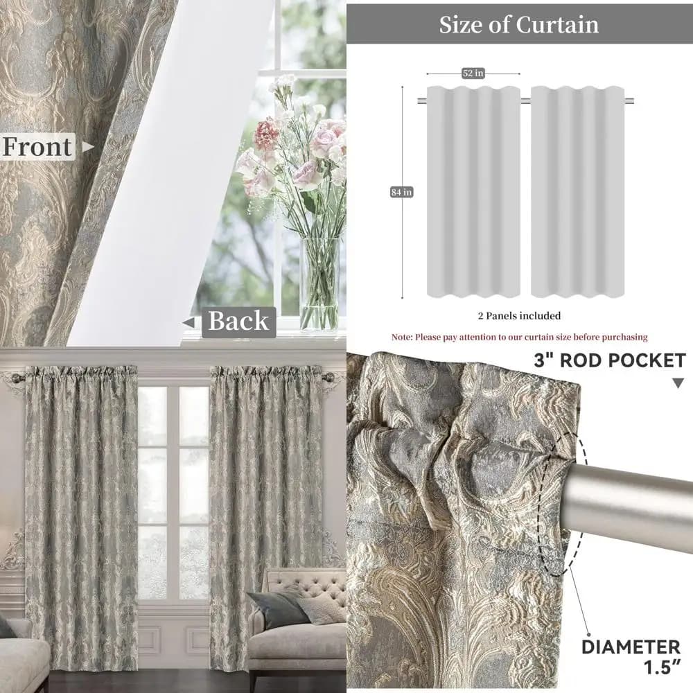 Elegant darkening curtains in grey damask cynilles with lockers, lined for bedrooms and living room (2 panels, 52 x 84)
