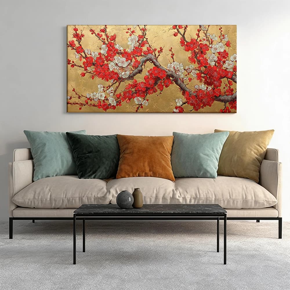 Painted on canvas with large wooden frame, 1 piece, painted with plum flowers, golden background.