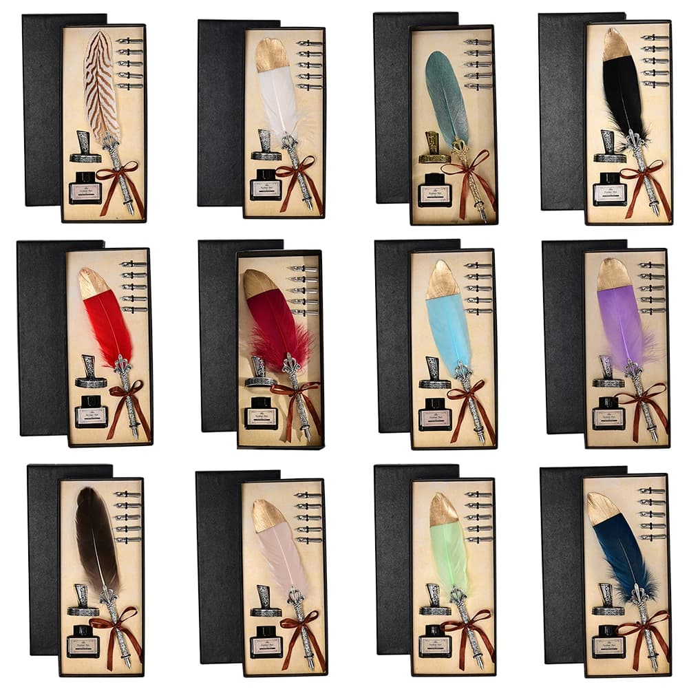 Feather Dip Pen with 5pcs Fine Nibs Vintage Calligraphy Pen Set Retro Stationery Feather Pen and Ink Set for Invitations Letters
