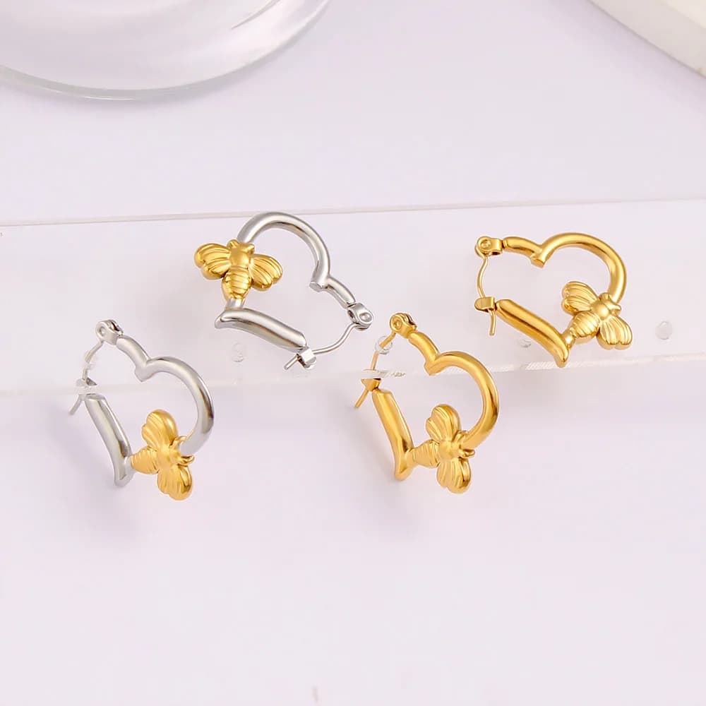 DIY accessories European and American fashion stainless steel three-dimensional bee heart earrings trendy simple niche love ear