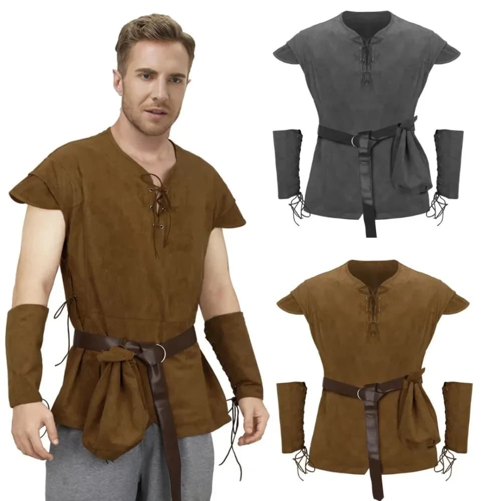 Men's Medieval Lace Up Tunic Shirt Renaissance Viking Pirate Costume Long Sleeve Retro Tops with Belt for Halloween Cosplay