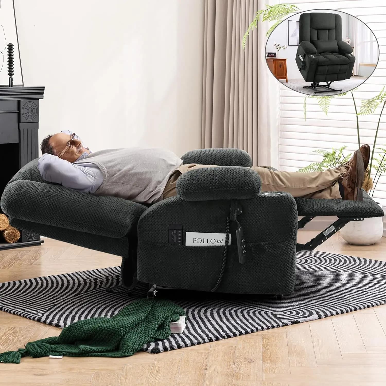 Poltrona Reclinabile Elettrica Oversize a Doppio Motore, Poltrone Massaggianti con Funzione Riscaldamento, Cuscino Lombare, USB e Personalizzabile