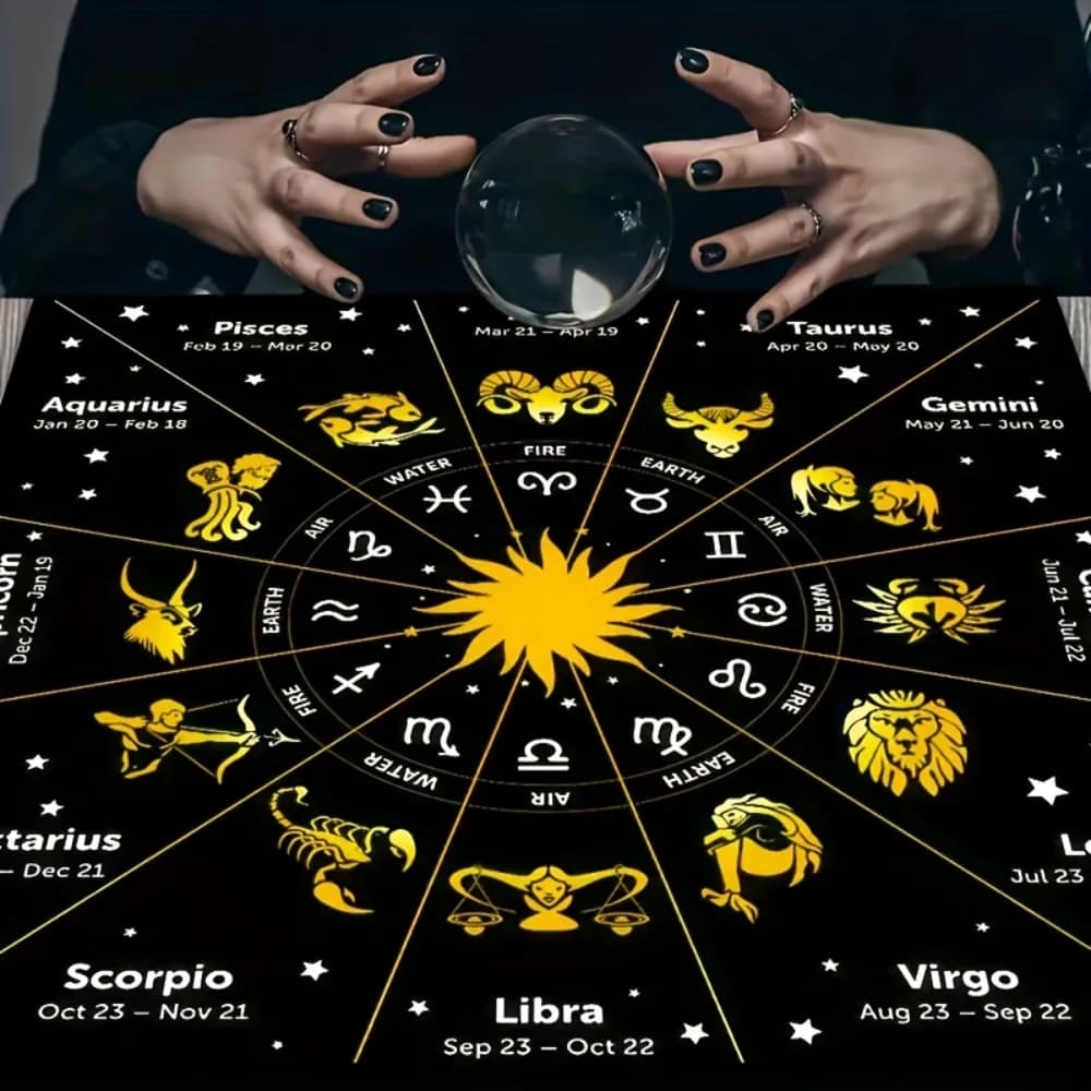 Telo Altare Tarocchi Zodiacali, Varie Misure, Stampa 12 Costellazioni, Sole, Stelle, Rune Mistiche, Poliestere, per Divinazione e Carte Oracolo, per la Casa