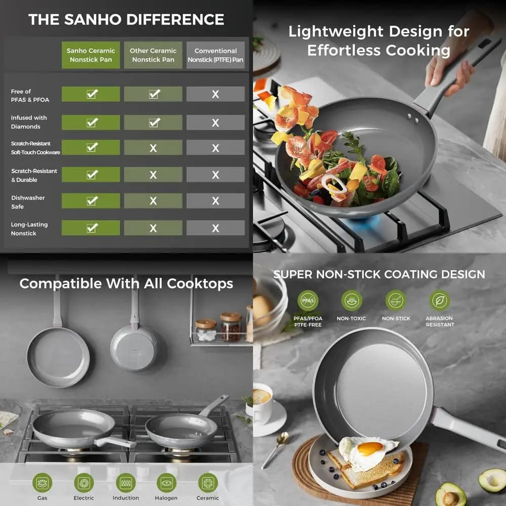 Set of non-stick pans, 10 and 12 inches, dishwasher-washable, induction compatible, anti-coating handle, grey