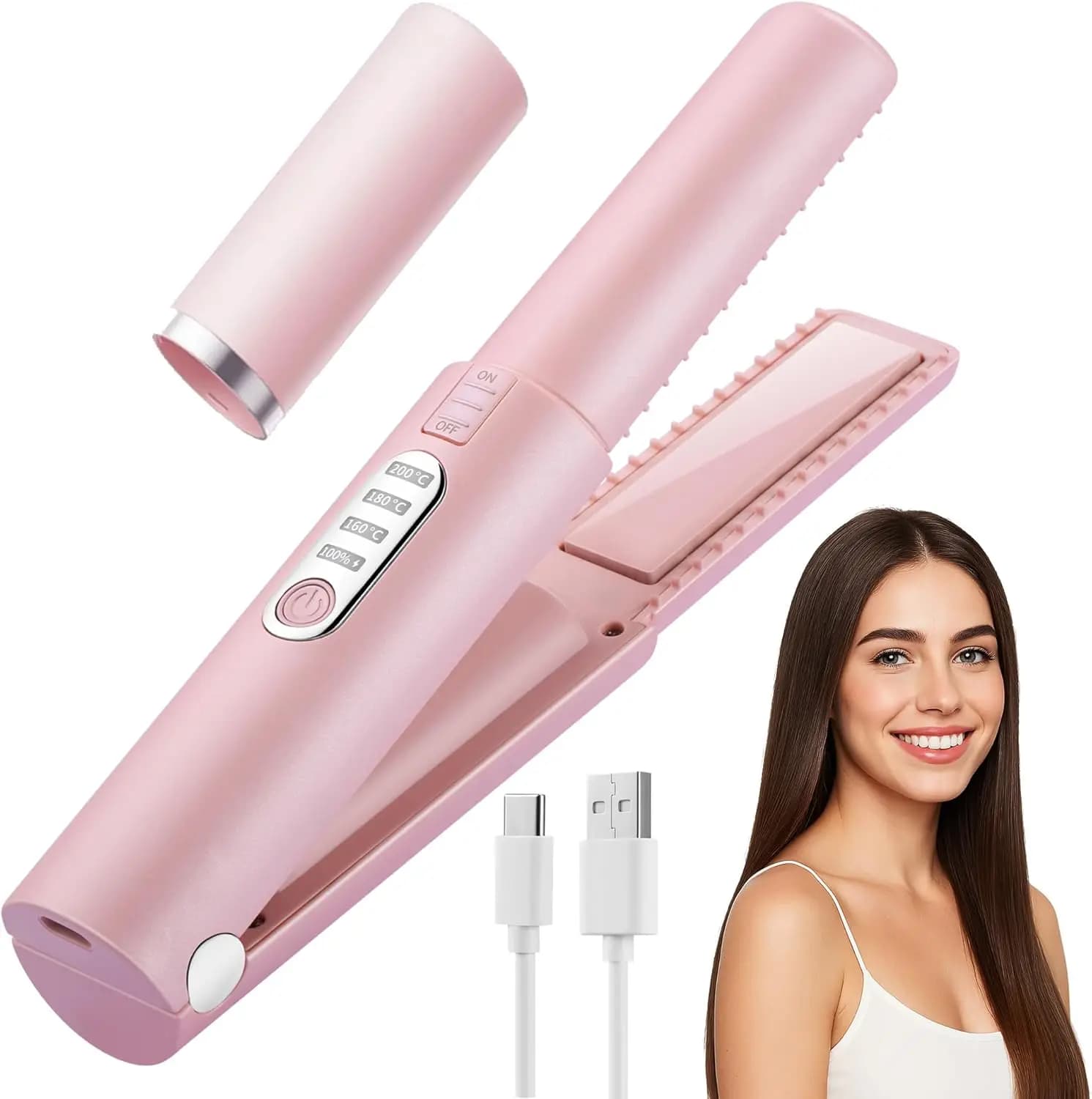 Mini Piastra per Capelli Ricaricabile USB-C da Viaggio, 3 Impostazioni di Temperatura, Doppio Voltaggio, 50 Minuti di Utilizzo Senza Fili