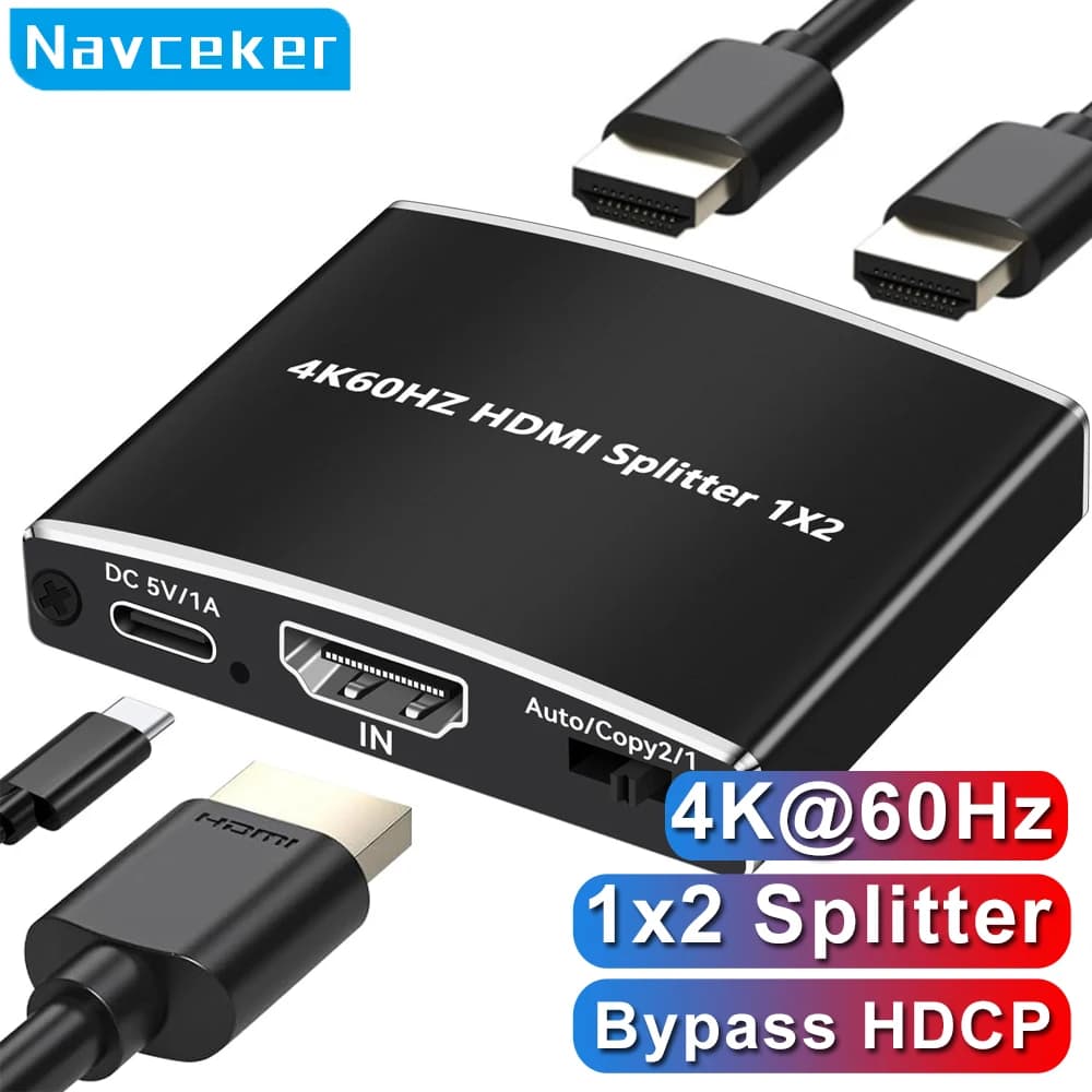 Navceker HDMI Splitter 1x2 4K 60Hz Bypass HDCP 1 in 2 out HDMI to HDMI Splitter 2 Screens Amplifier Adapter For HDTV PS5 Xbox