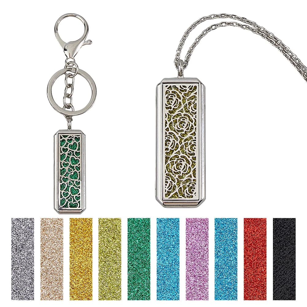 2Styles Essential Oil Diffuser Necklace Keychain Stainless Steel Aromatherapy Rectangle Pendant with 20Pcs Perfume Pads Oil