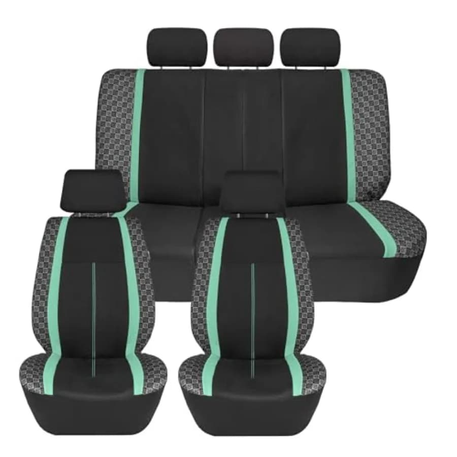 ™ Coprisedili Universali Checker per Auto, Set Completo di Accessori Interni, Coprivolante e Cuscinetti per Cinture di Sicurezza