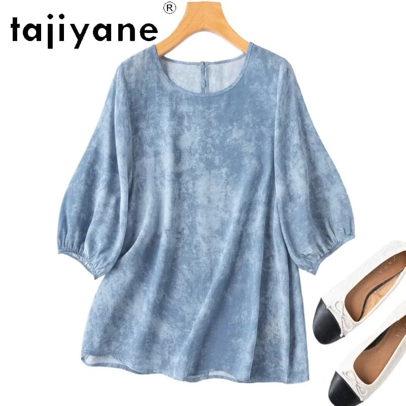 TAJIYANE T-shirt da donna 100% seta di gelso blu con stampa tie-dye, girocollo, casual, estiva, top per donna, abbigliamento 2026